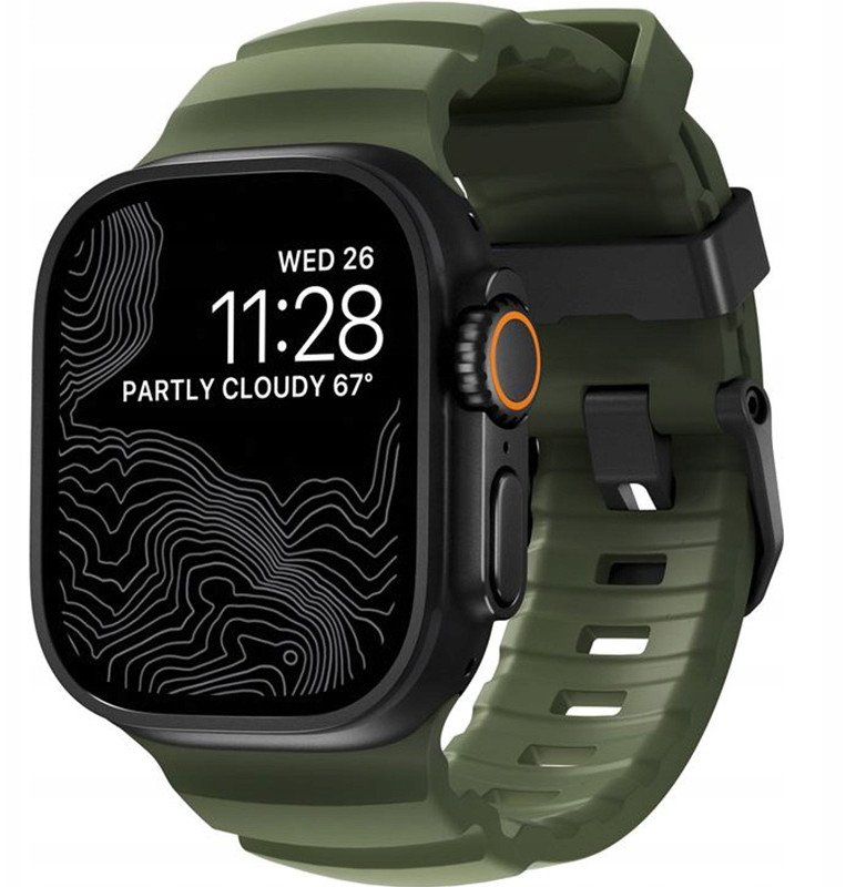 Byzylyk ore Rocky Point Band për Apple Watch, 46mm 49mm, gome FKM, ngjyrë jeshile Forest me metal i zi