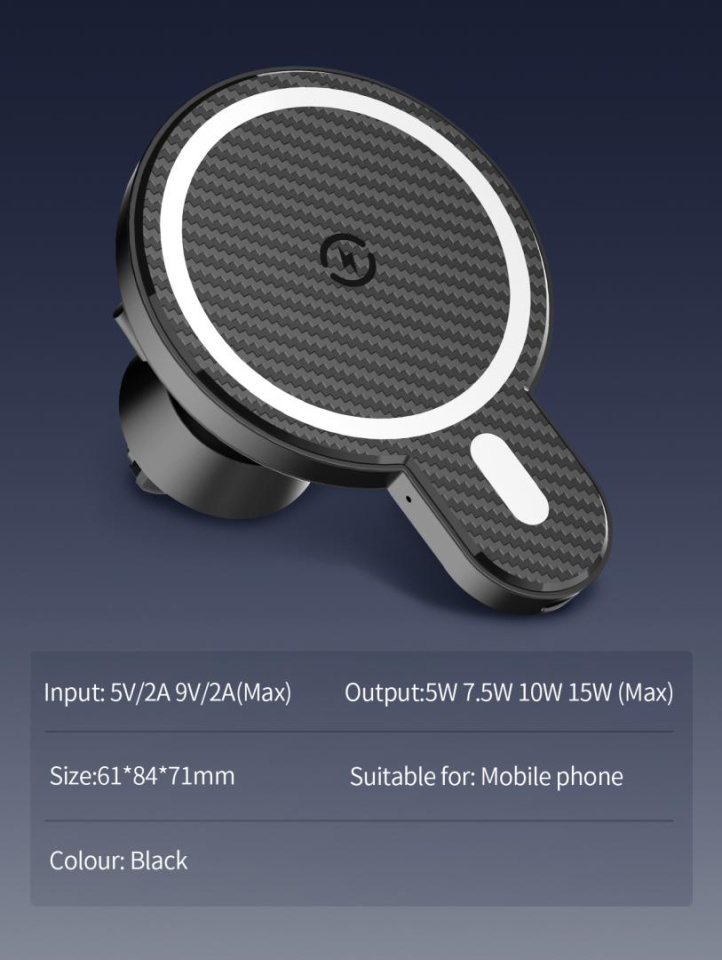 Mbajtëse telefoni për veturë Serioux CH02W, karikim wireless 15W, e zezë
