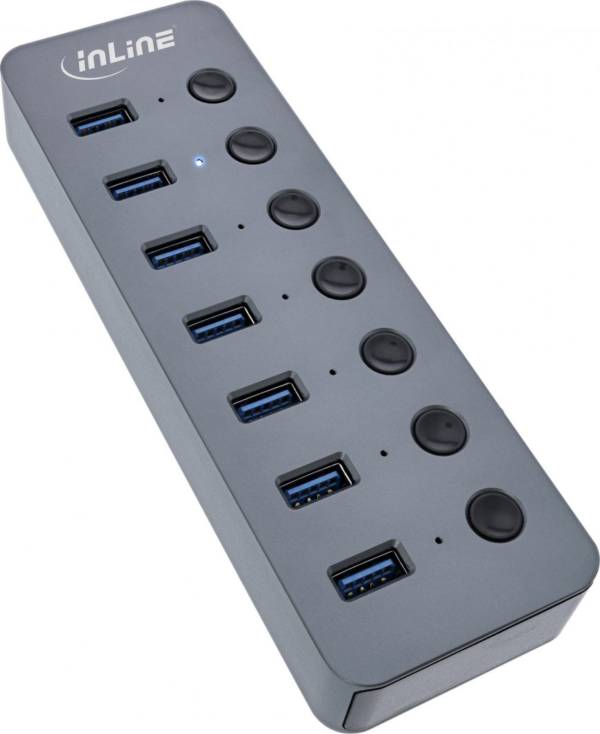 USB разделник InLine USB 3.2 Gen 1, 7 порти, со прекинувач, алуминиум, сива
