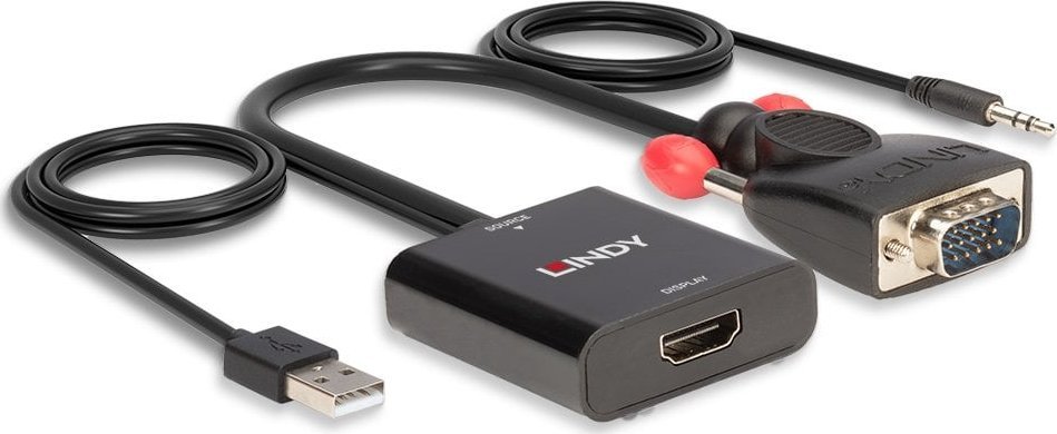Konvertues video Lindy VGA në HDMI, audio stereo, Full HD 1080p, i zi