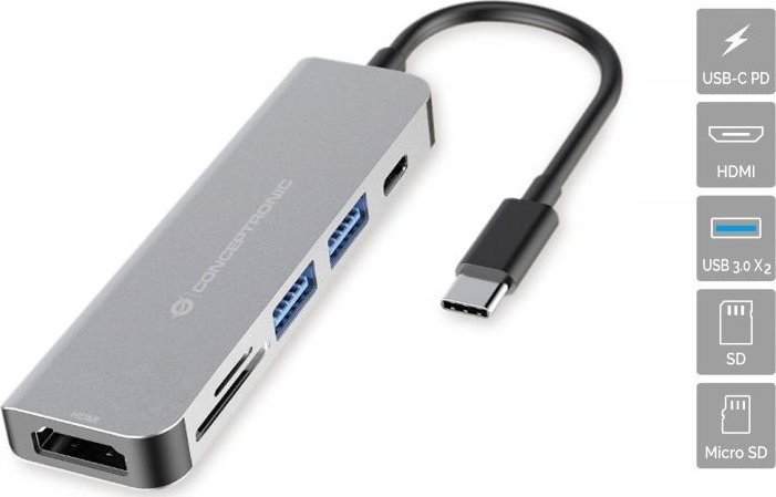 Станица USB C Conceptronic DONN02G, 6 во 1, HDMI, Power Delivery, сива