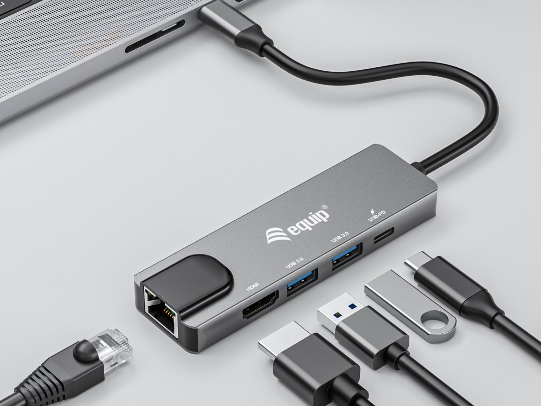 Adaptor USB C Equip 133489 5 në 1, HDMI, Gigabit LAN, 100W USB PD, gri