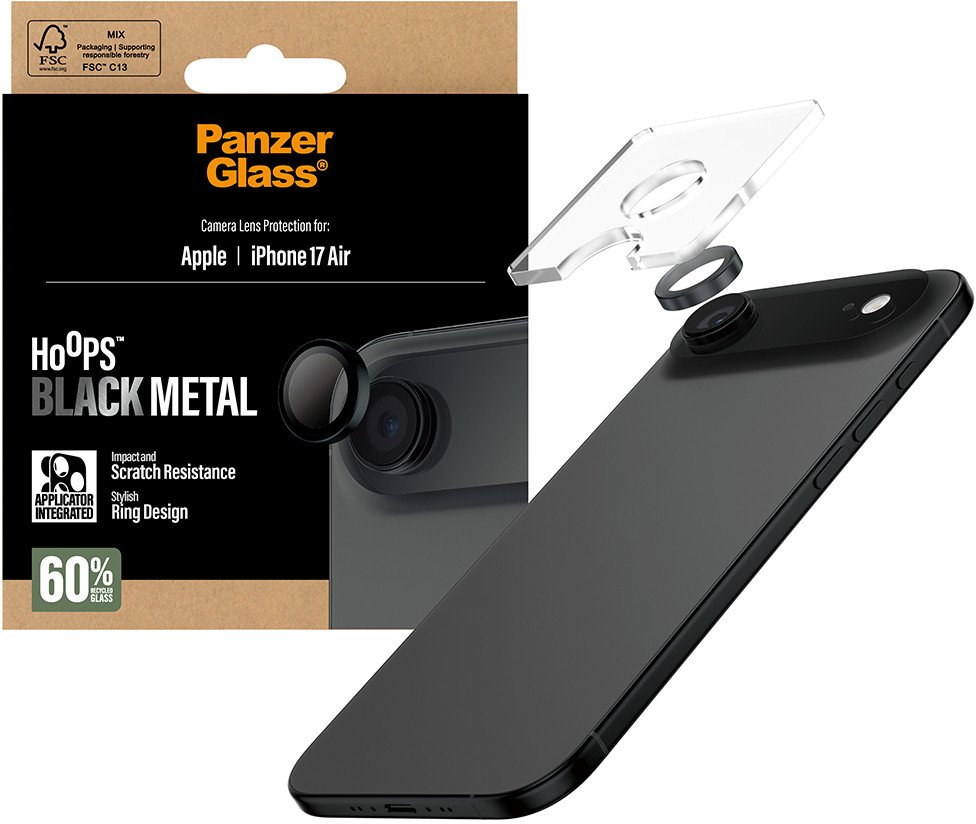Mbrojtëse kamerë PanzerGlass Hoops, për iPhone Air, xham i temperuar, unaza metalike, e zezë