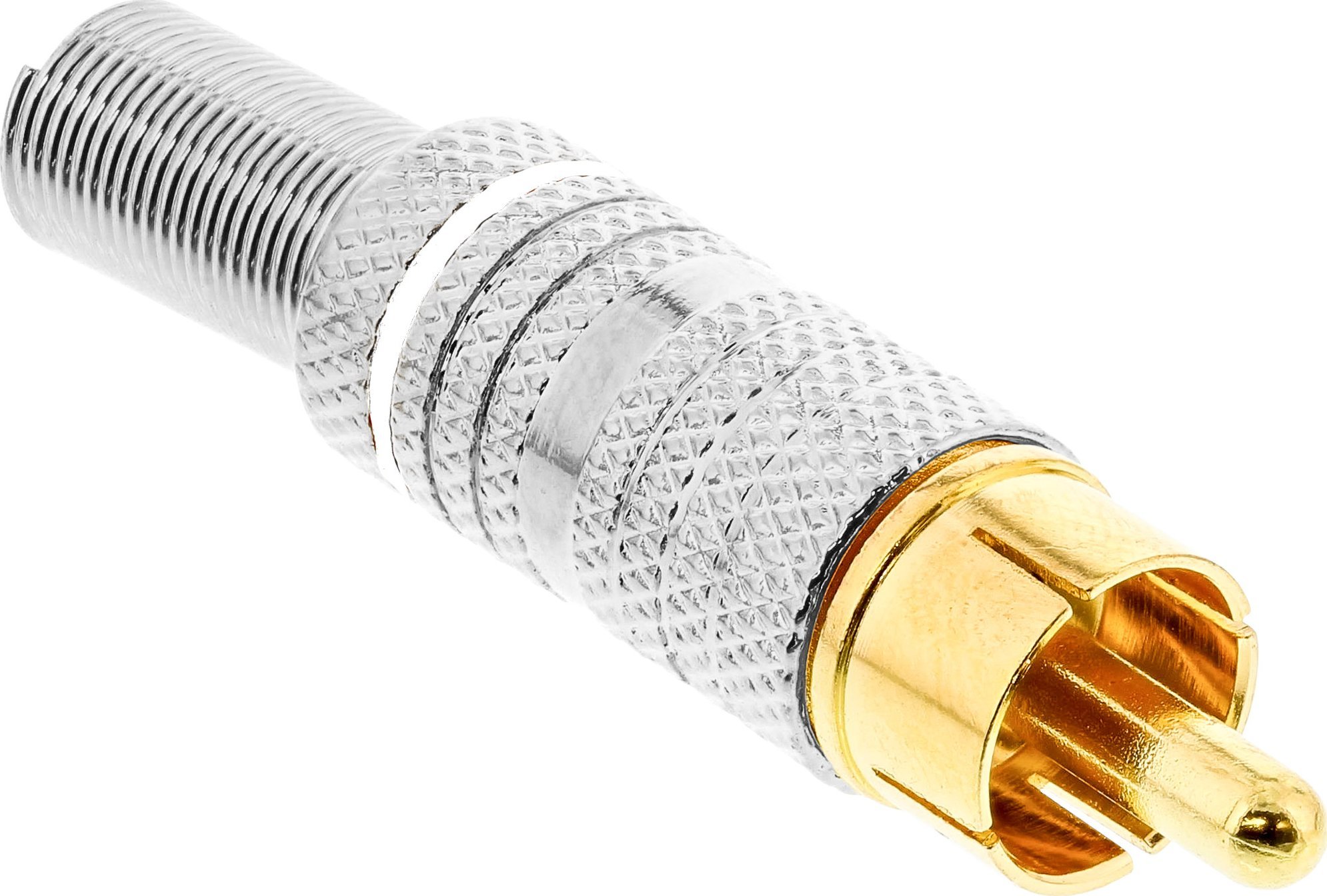 Fishe RCA InLine, prizë mashkull metalike për saldim, për kabllo 6mm, argjendtë