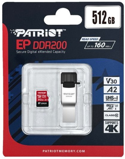 Kartë memorie Patriot EP DDR200 MicroSDXC, 512GB, U3 V30, e zezë