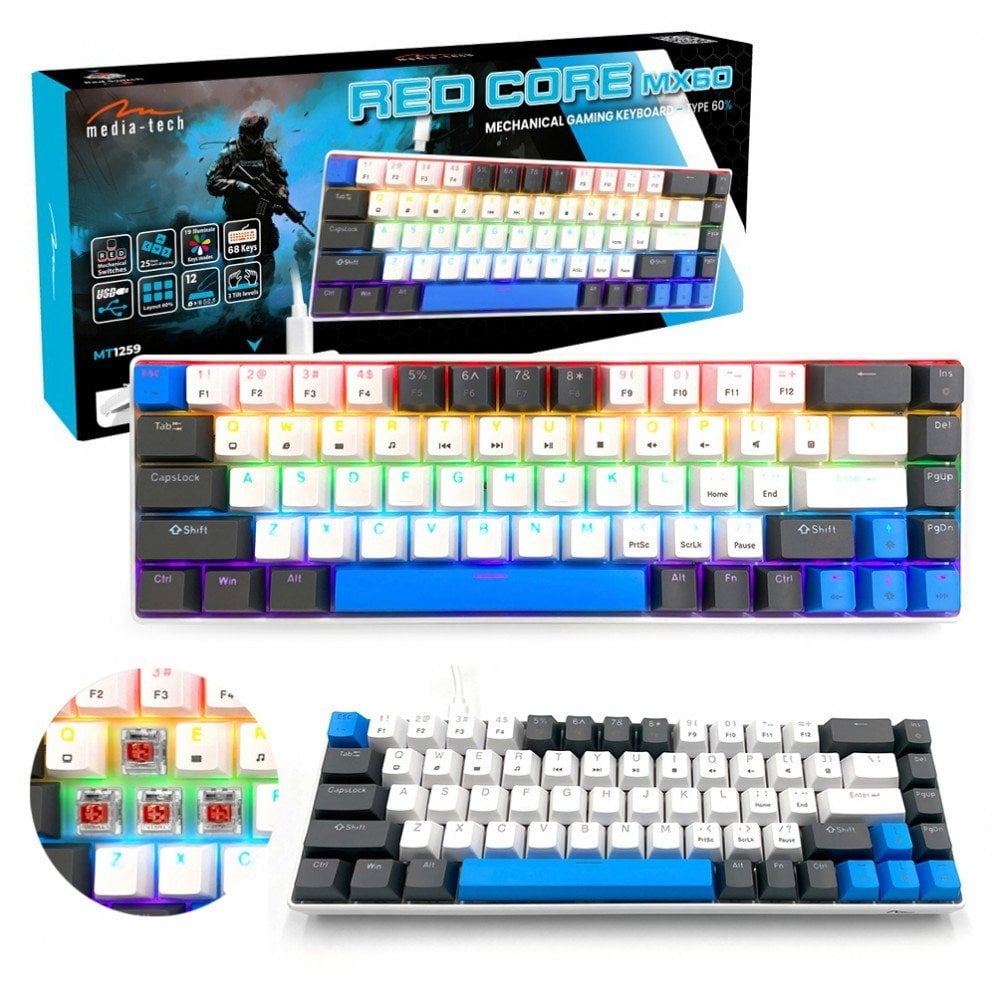 Tastierë mekanike RED CORE MX60 MT1259, 60%, CHERRY MX Red, me drita RGB