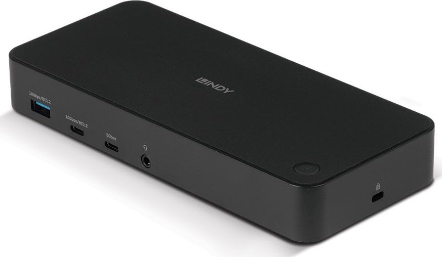 Докинг станица USB C Lindy DST Pro 43366, USB 3.2 Gen 2, компактен станица за поврзување, црна