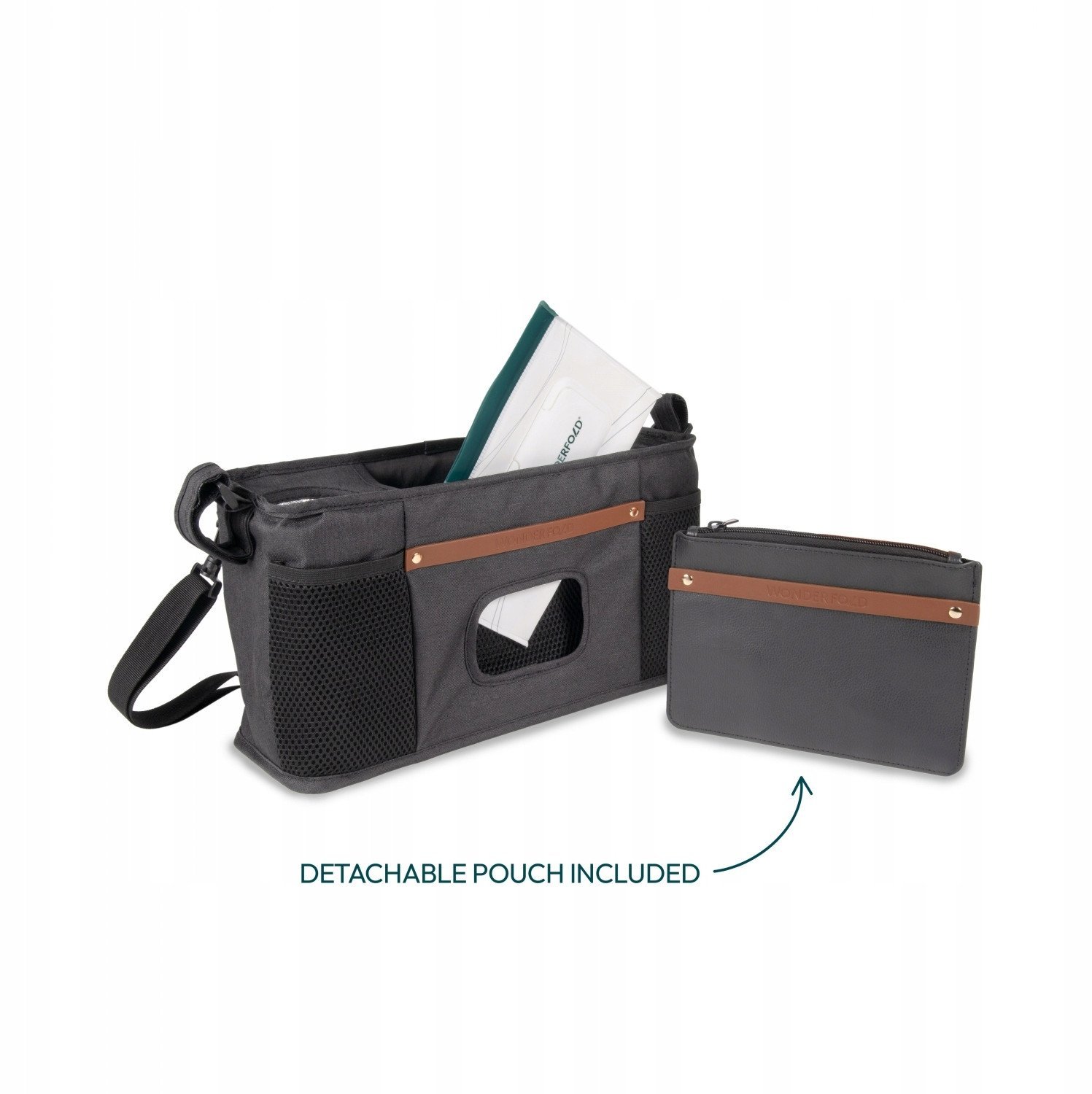 Organizues prindëror WonderFold Parent Console 2 Cup, 2 mbajtëse gotash, xhepa me mbyllje, i zi