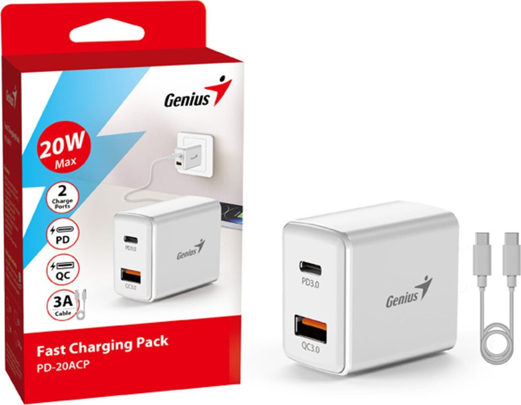 Karikues prizë Genius PD-20ACP, 20W, 2 porta USB-C USB-A, i bardhë