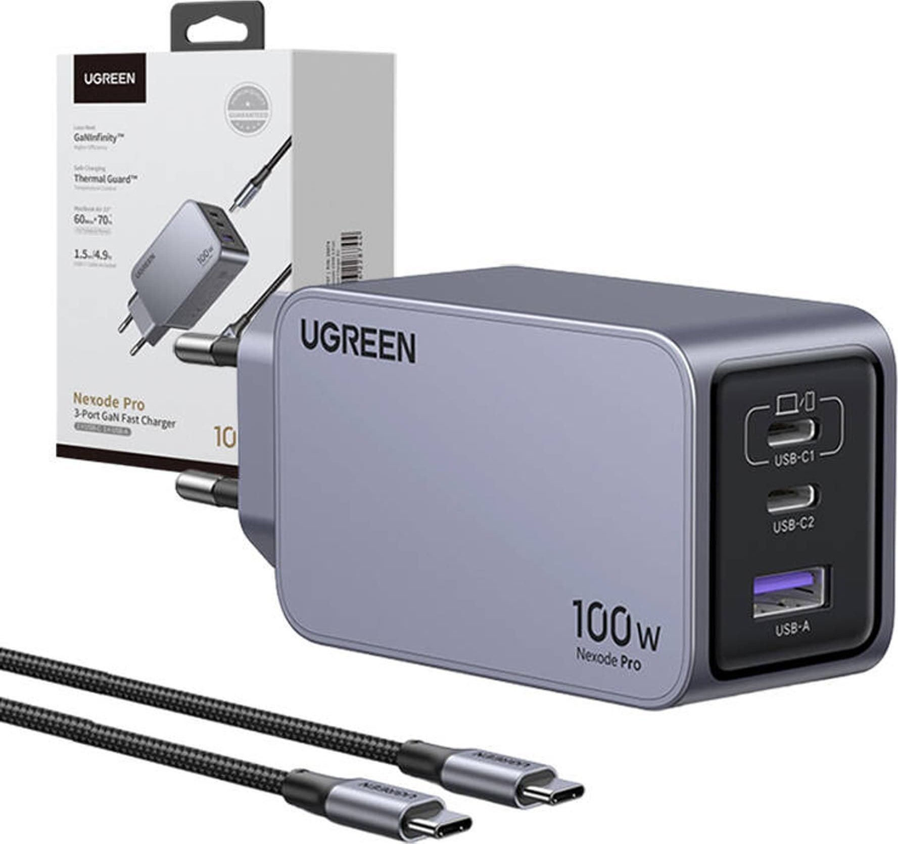 Karikues Ugreen Nexode Pro 100W GaN, 3 porta, karikim i shpejtë, gri