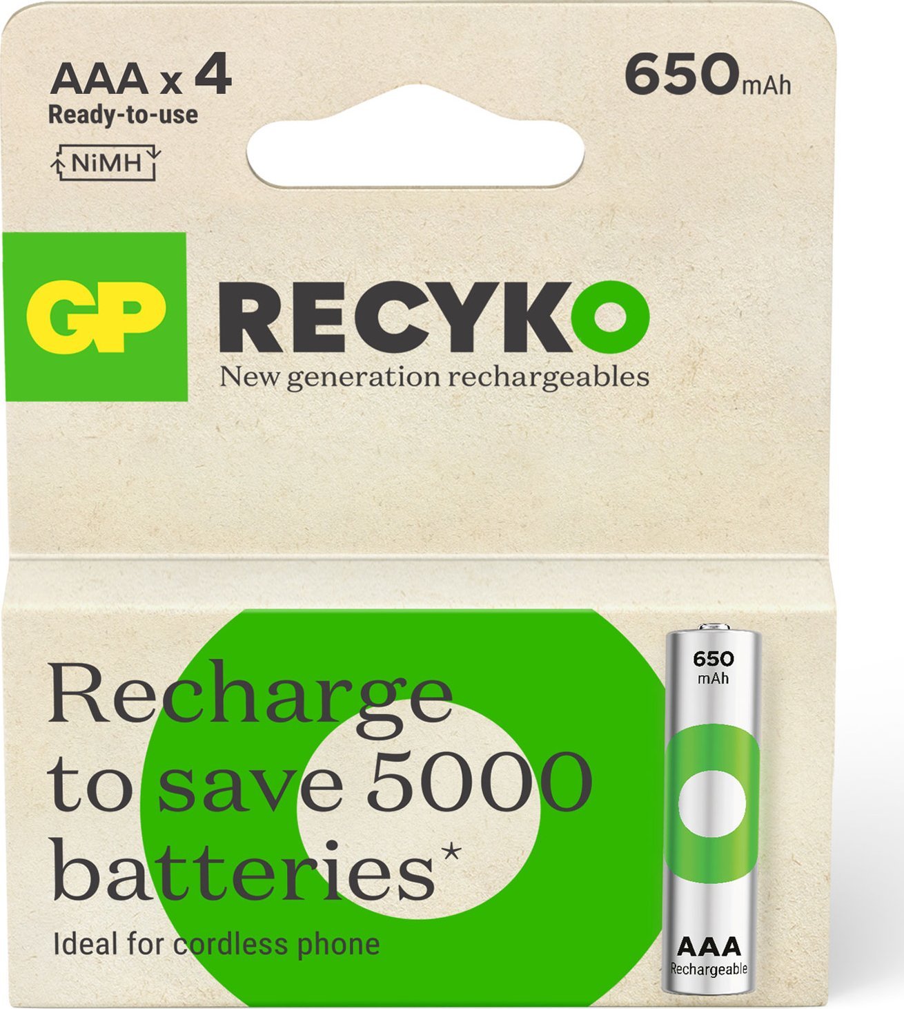 Bateri të rikarikueshme GP Recyko AAA, 650mAh, NiMH, set 4 copë