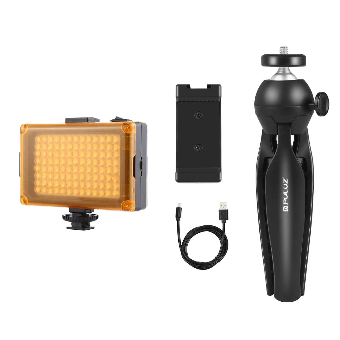 Set tripod me dritë LED Puluz Live Recording, për smartphone dhe kamera, rregullim temperature drite, i zi