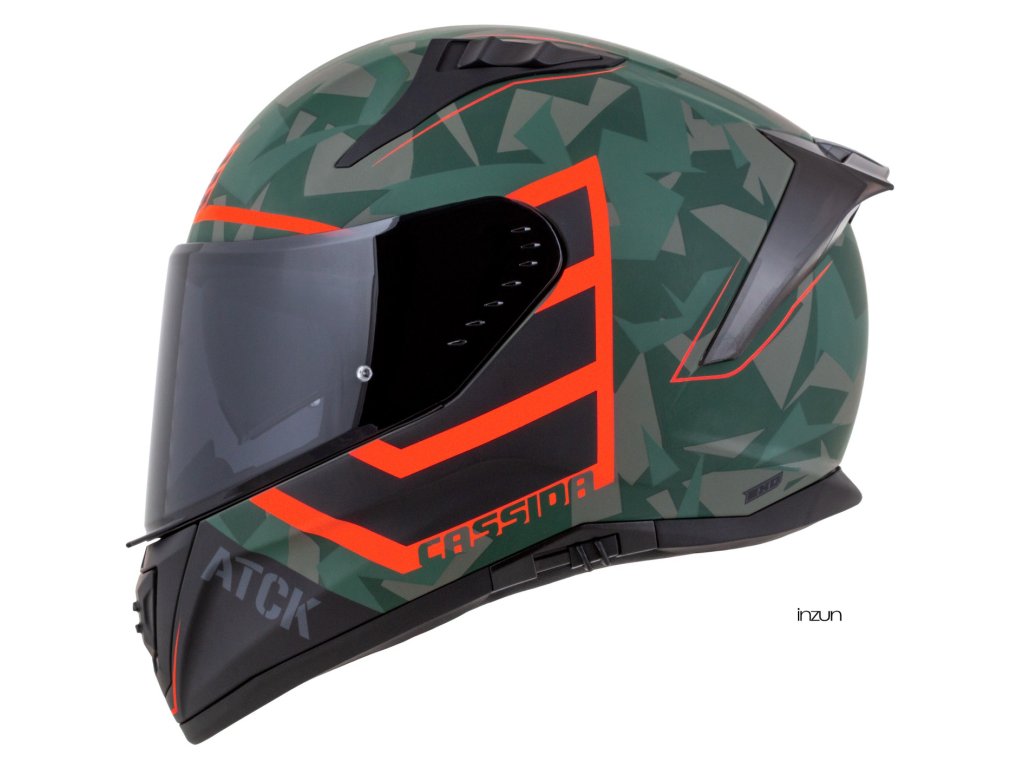 Kaska moto CASSIDA Aero ATCK 2026, integral, ECE 22.06, kamuflazh jeshile e zezë gri portokalli