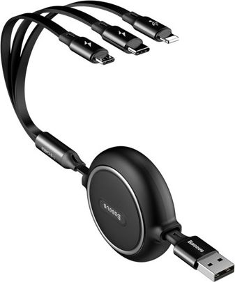 Kabllo USB Baseus 3 ne 1, USB A ne USB C microUSB Lightning, 1.2m, e zezë