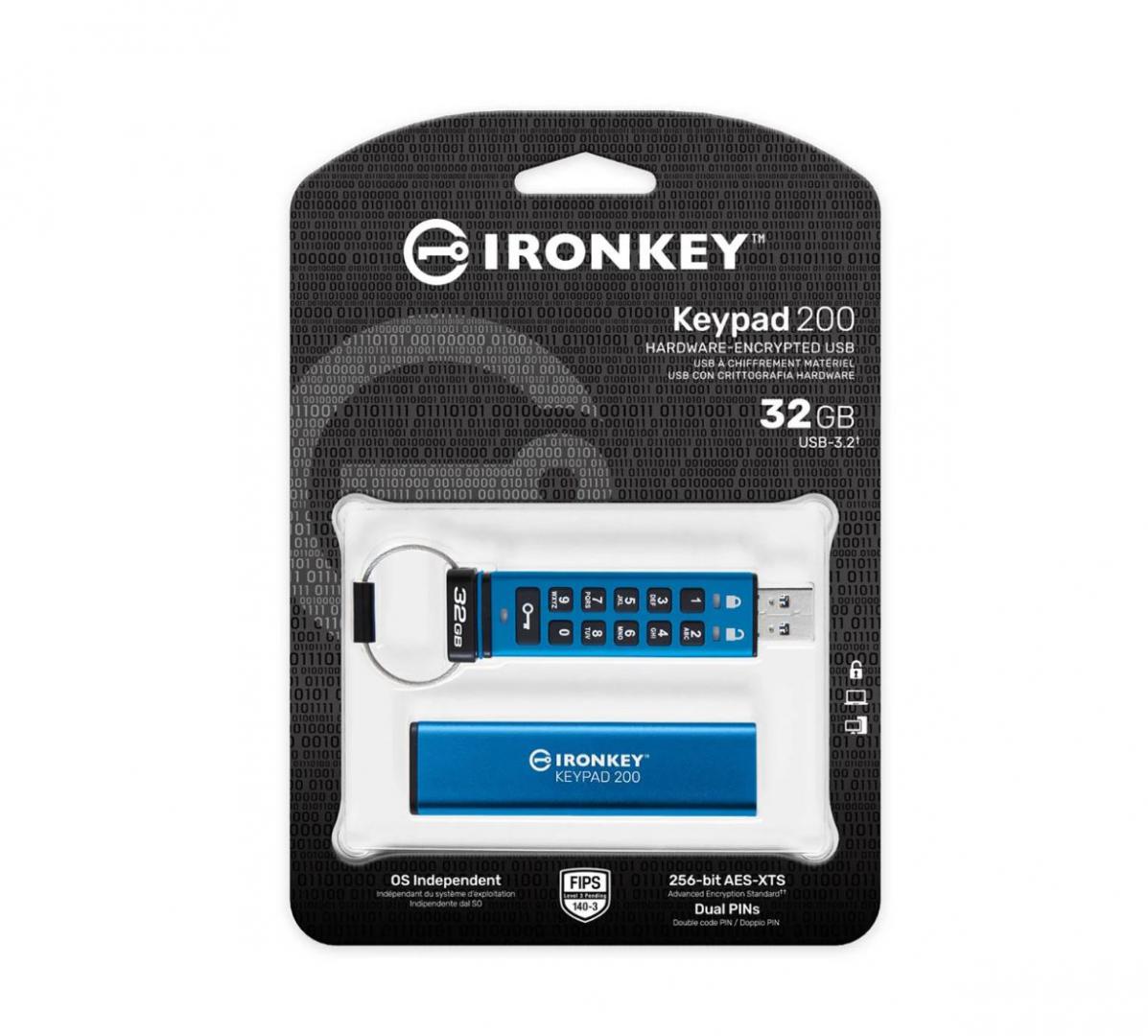 USB me tastierë Kingston IronKey Keypad 200, 32GB, AES 256-bit, i zi