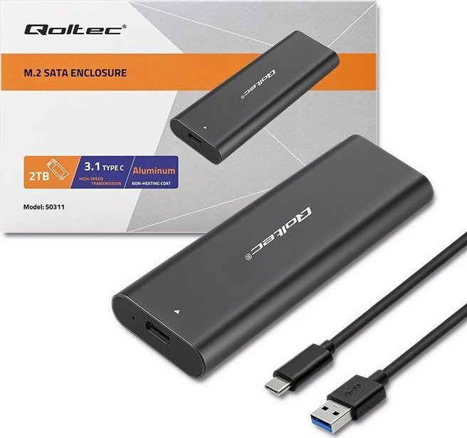 Kuti eksternale SSD Qoltec 50311, M.2 SATA, USB Type C, e zezë