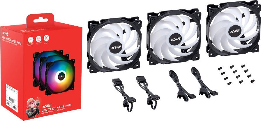 Ventilatorë për kuti kompjuteri XPG VENTO 120 ARGB PWM, 12 cm, set 3 copë, të zinj