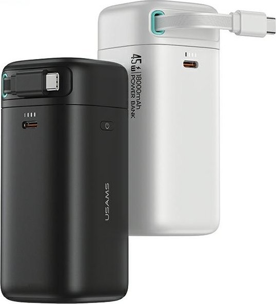 Powerbank Usams 18000mAh, PD 45W, kabllo USB C tërheqëse, i bardhë