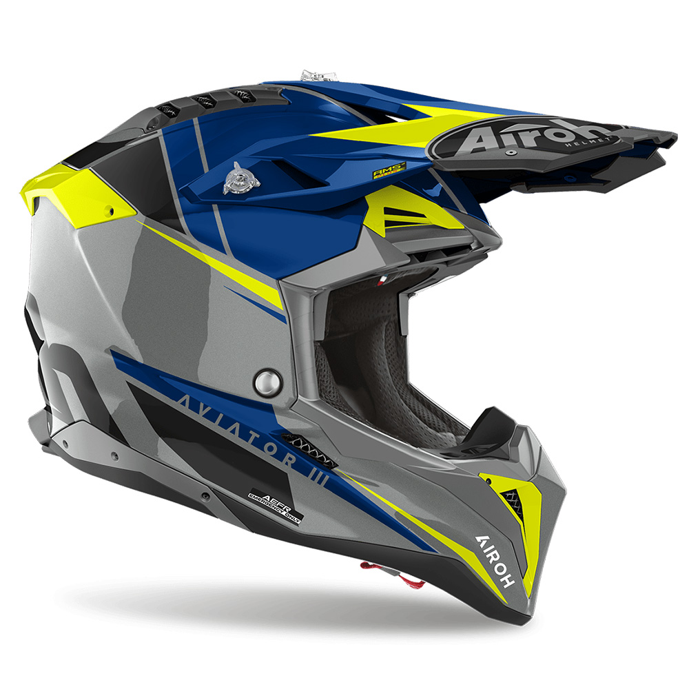 Каска за мотокрос Airoh Aviator 3 Push, јаглеродни влакна, големина L, сива сина неон жолта црна
