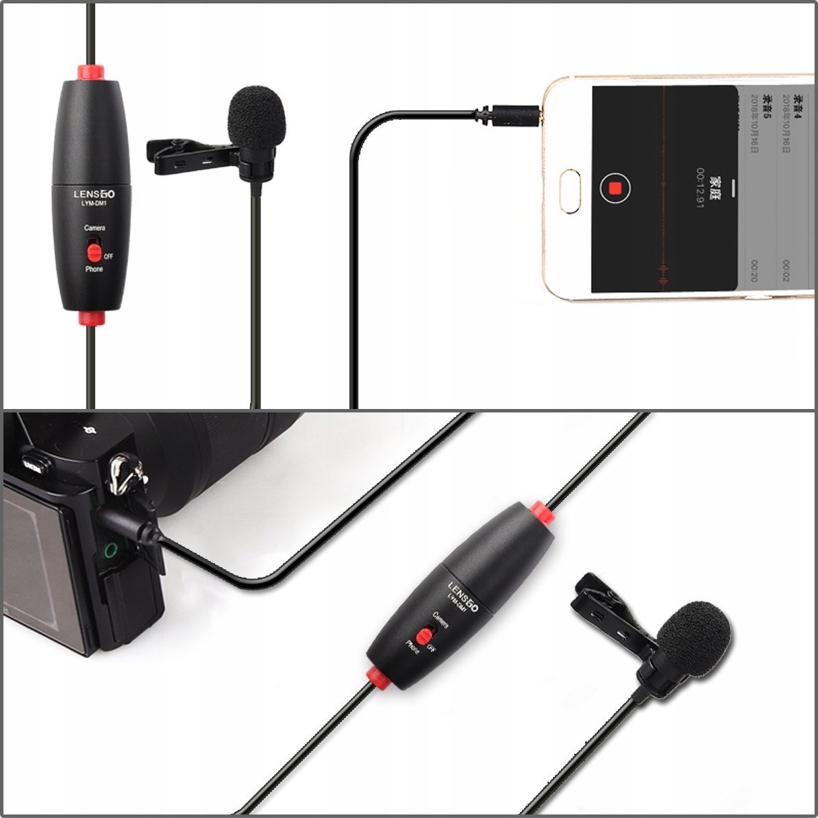Mikrofon lavalier LensGo LYM DM1, omnidireksional 360°, kabllo 6m, mini jack 3.5mm, i zi