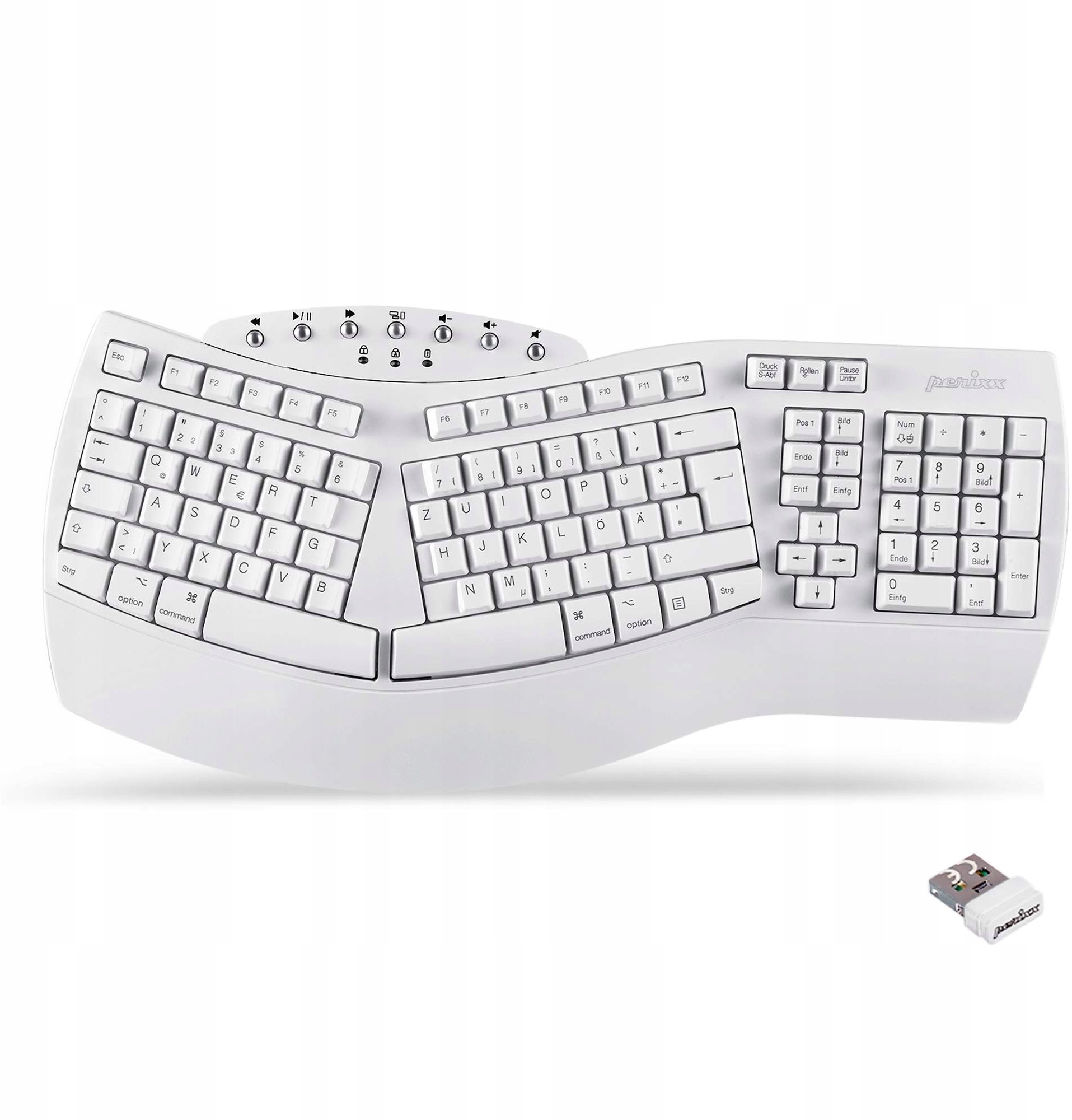 Tastierë mekanike Perixx PERIBOARD-612W, RF wireless dhe Bluetooth, full size, e bardhë