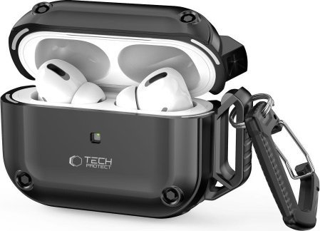 Mbulesë mbrojtëse Tech-Protect Rough Hook për Apple AirPods Pro 1 2, hibrid PC TPU, me karabinë, e zezë