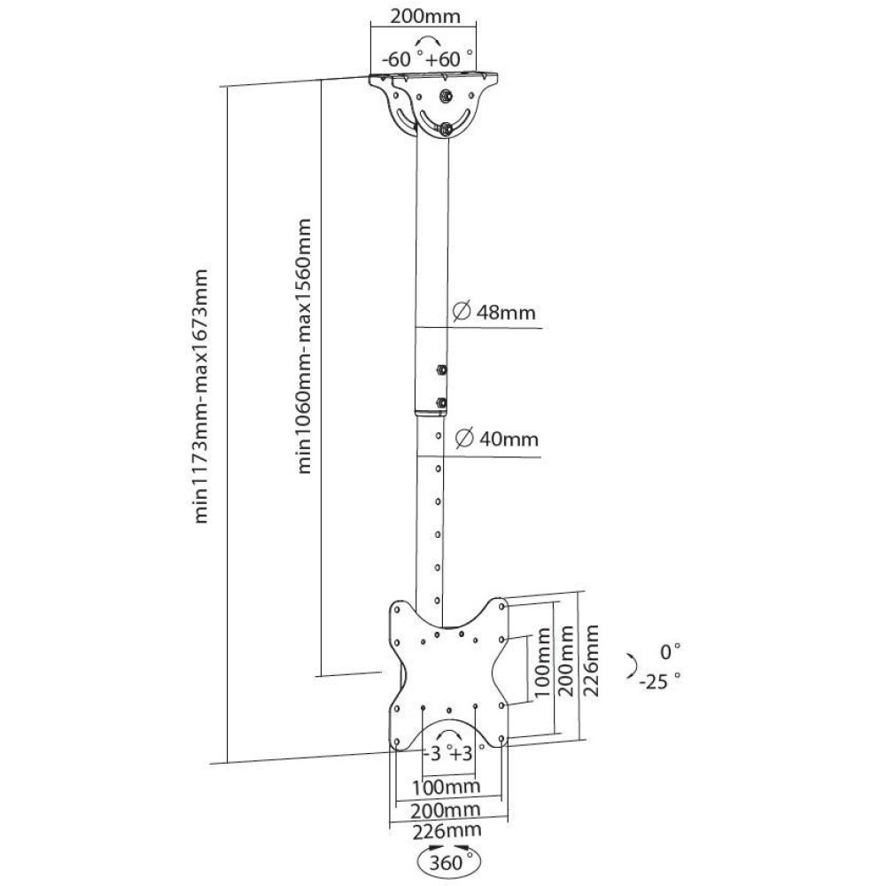 Mbajtëse tavani për TV LED/LCD Techly, 23-42", 50kg, e zezë
