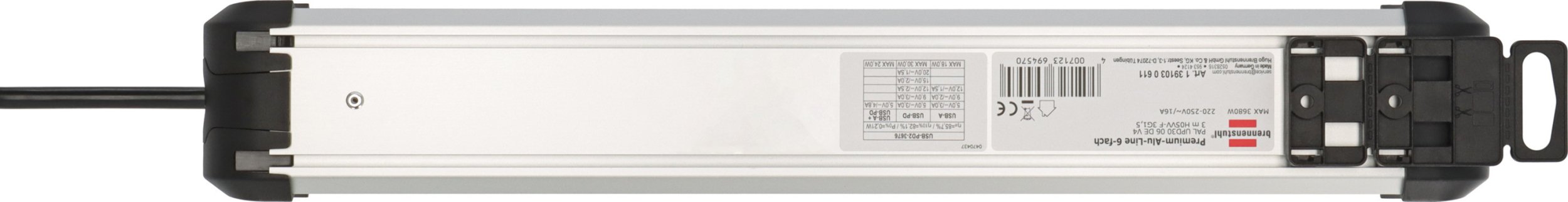 Штекер Brennenstuhl Premium Alu Line, 6 излези, 3m, црно-сребрен
