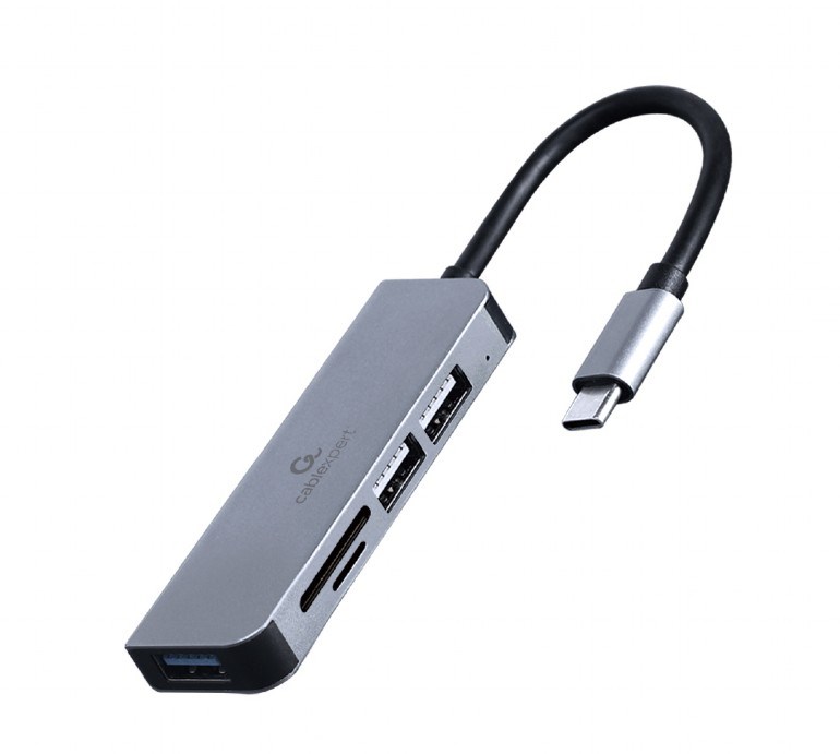 USB Hub Gembird USB-C, 3 porte, lexues kartash, e zezë/e argjendtë