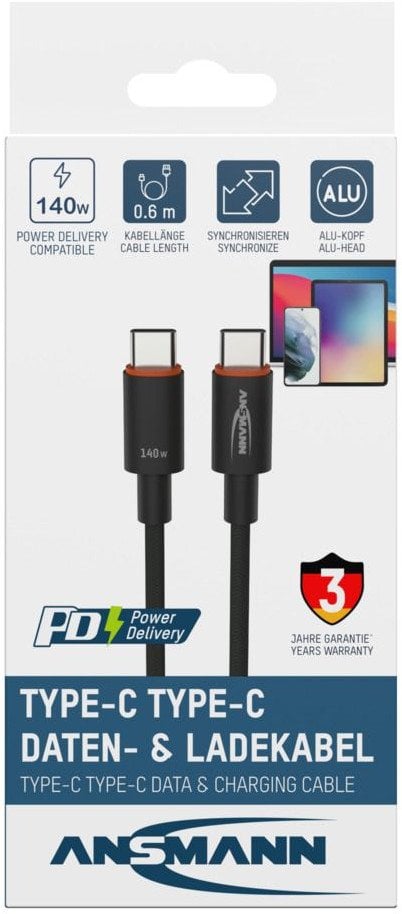 Kabllo ANSMANN USB C në USB C, 0.6m, 140W, antracit