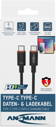 Kabllo ANSMANN USB C në USB C, 0.6m, 140W, antracit