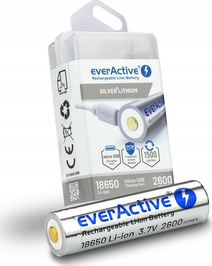 Bateri rikarikueshme EverActive 18650, 2600mAh, Li ion 3.7V, me micro USB