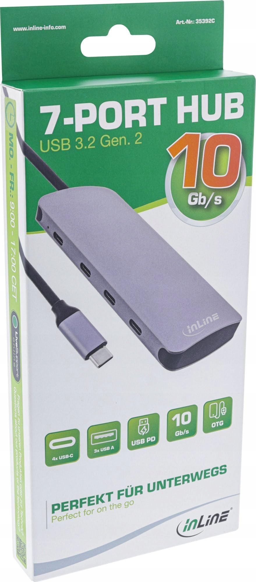 USB концентратор ИнЛајн USB 3.2 Gen 2, 4x USB C, 3x USB A, PD 100W, сив