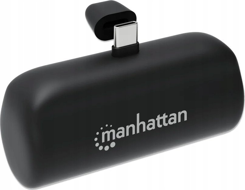 Power bank Manhattan, 5000 mAh, USB C me plug të integruar, me kickstand, i zi