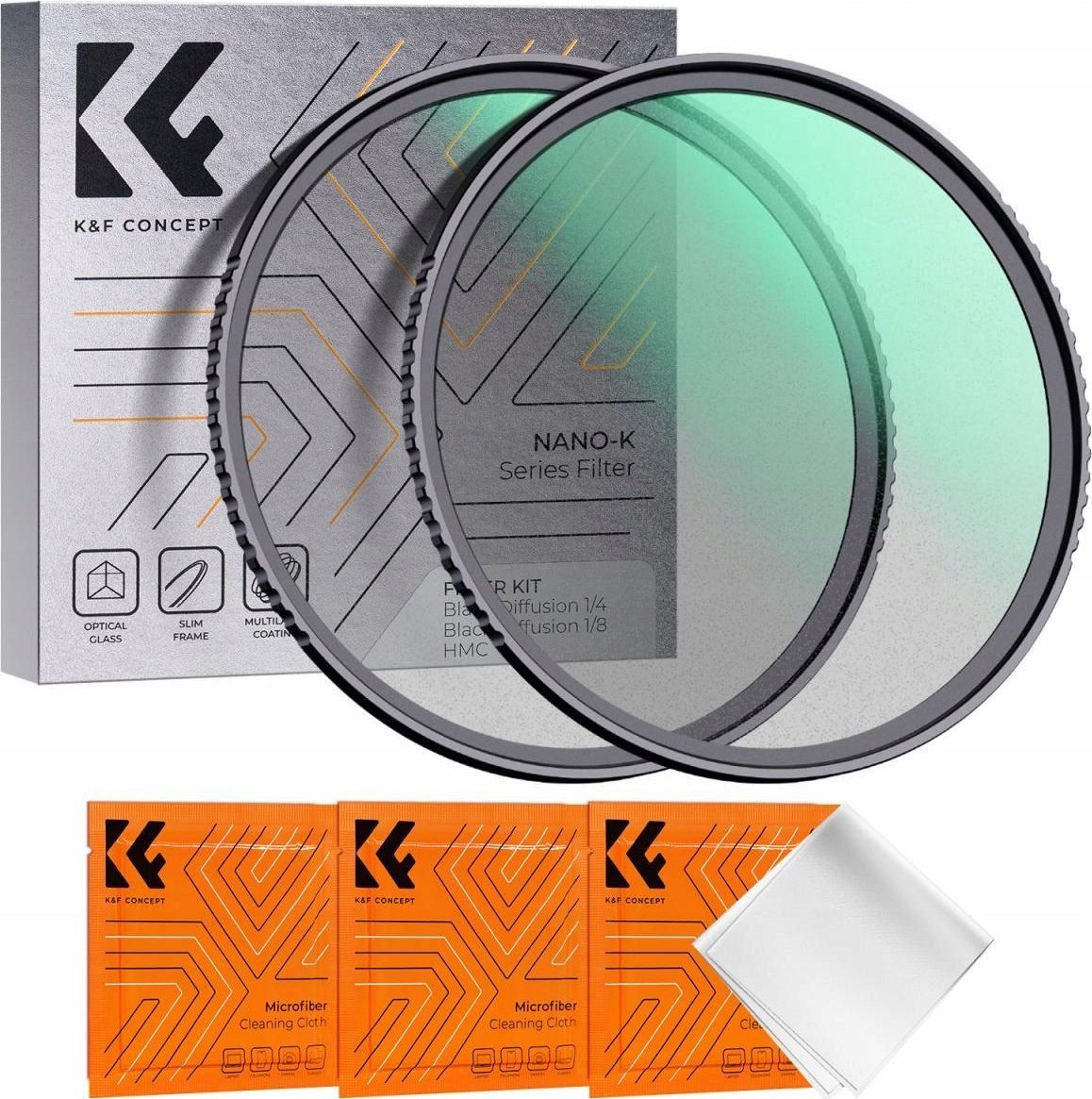 Set filtrash difuzion K&amp;F Concept Black Diffusion 1/4 dhe 1/8, 82mm, për kamera, i zi