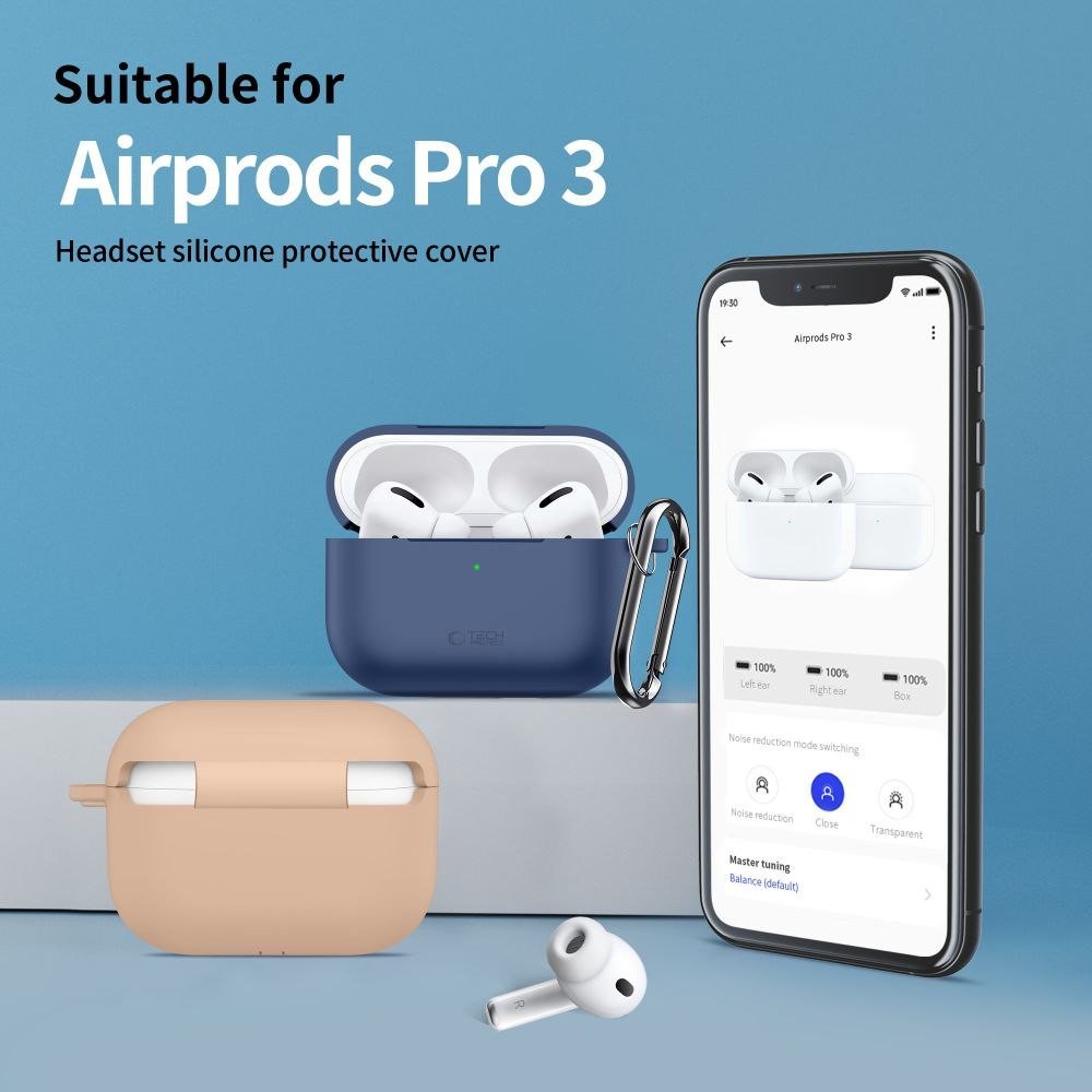 Mbulesë silikoni Tech-Protect për Apple AirPods Pro 3, me karabinë, blu navy