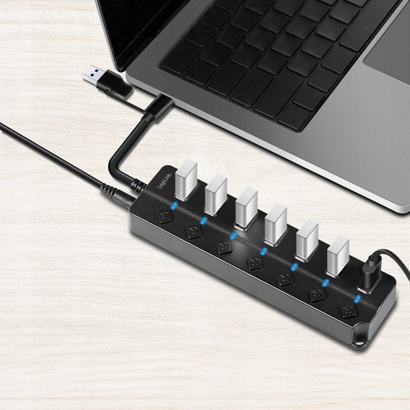USB приклучен хаб LogiLink USB 3.2 Gen 1, 7 порти, со прекинувач за секоја порта, црн
