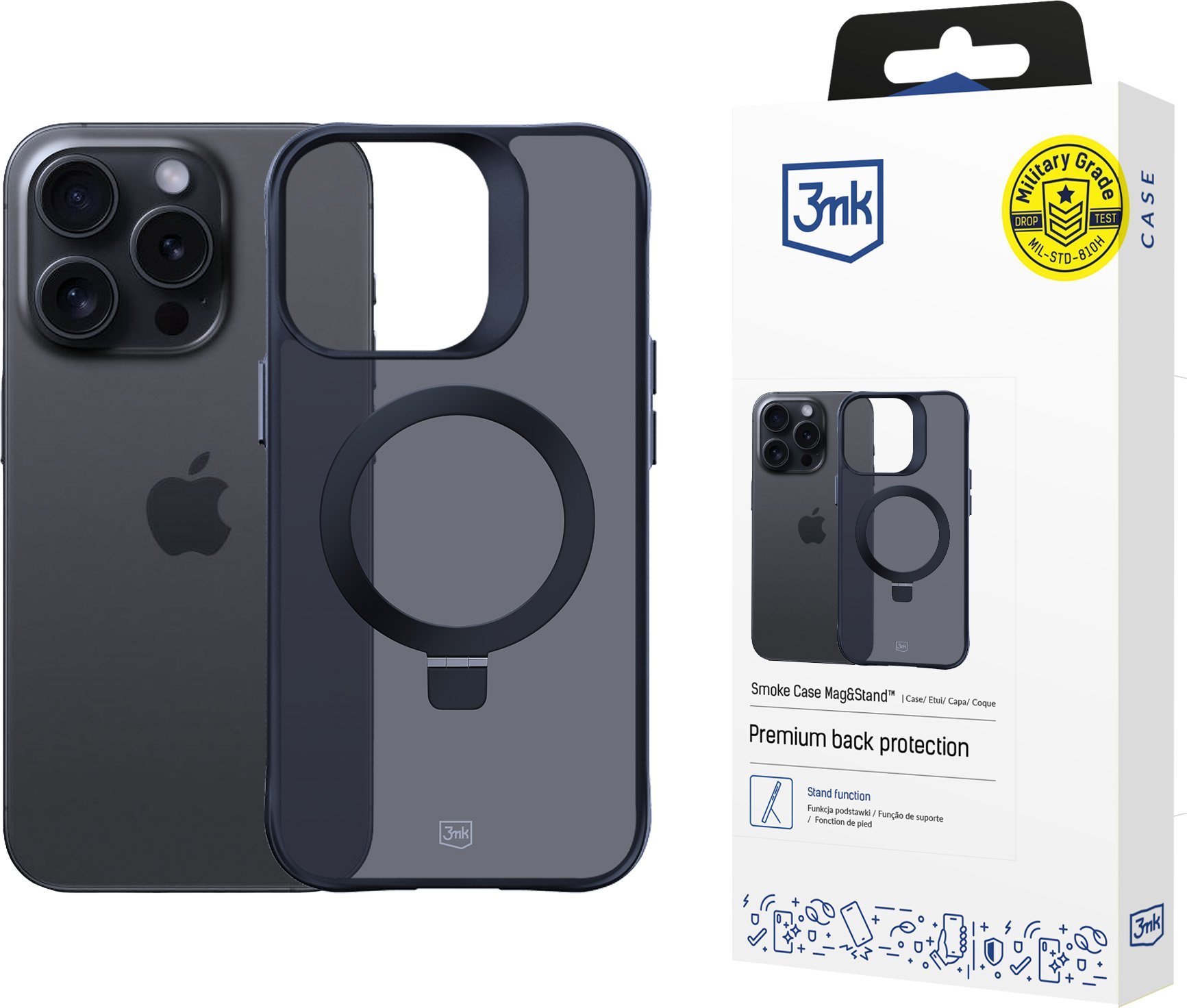 Futrollë 3MK Smoke Case MagStand për iPhone 15 Pro, MagSafe, me mbajtëse, e zezë