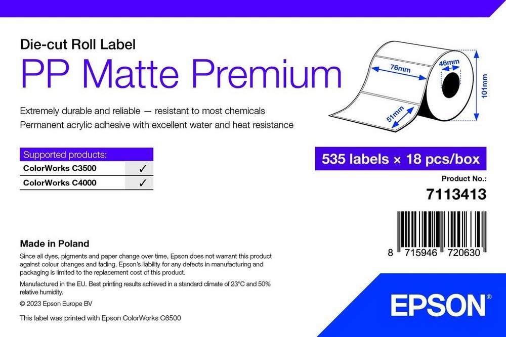 Rrotullë etiketash Epson PP Matte Premium, 76x51mm, 535 etiketa, e bardhë mat