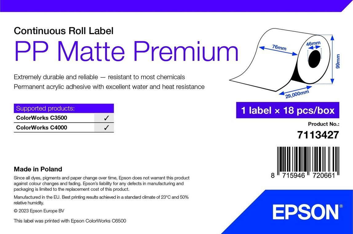 Rrotull etiketash Epson PP Matte Label Premium, 76mm, 29m, e bardhë