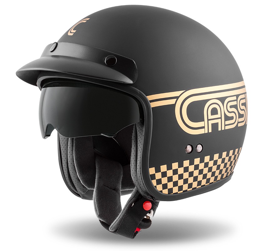 Helmetë moto CASSIDA Oxygen Rondo, polikarbonat, visor dielli, e zezë mat me të artë