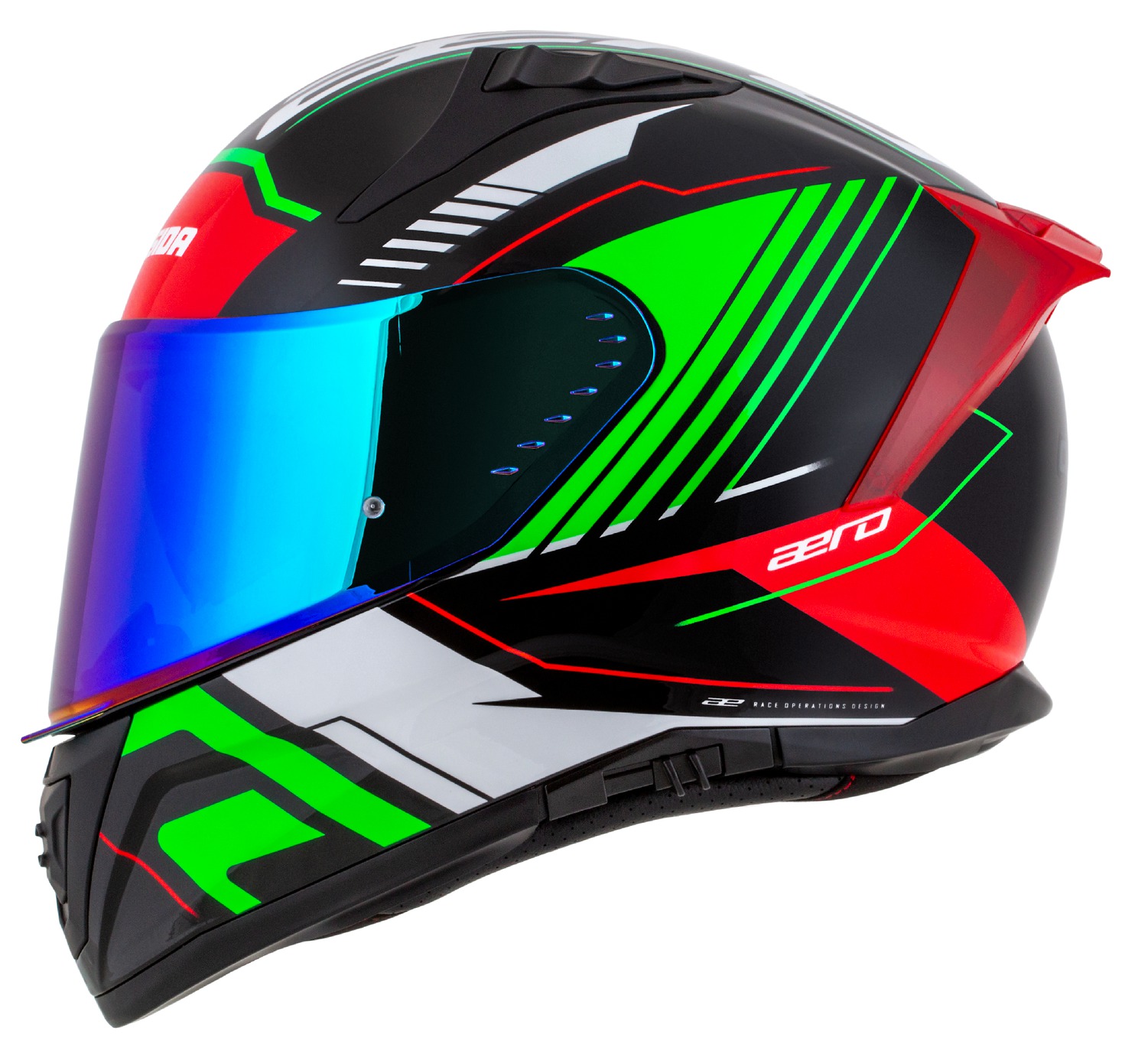 Helmetë moto CASSIDA Aero Drome 2026, integrale, polikarbonat, e zezë perlë e kuqe jeshile e bardhë