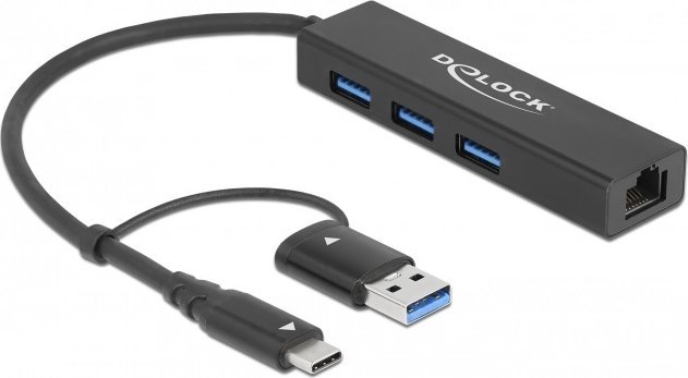 Hub USB DeLOCK 3 Port USB 3.2 Gen 1, Gigabit LAN, USB Type C dhe USB Type A, gri metalik