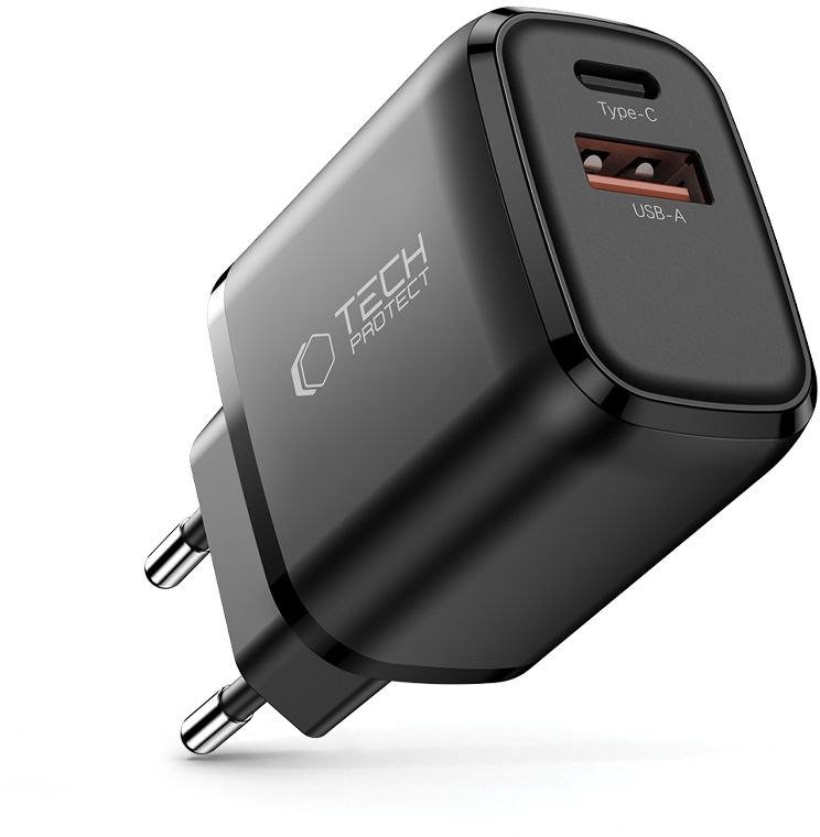 Полнач за ѕид Tech-Protect NCA20, 20W PD QC3.0, 2 USB порти, црн