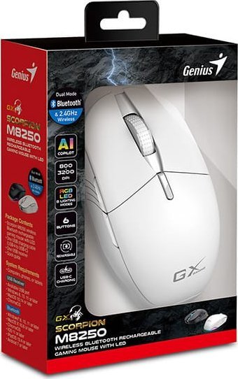 Mouse wireless Genius GX Gaming Scorpion M8250 AI, 3200 DPI, RGB, i bardhë