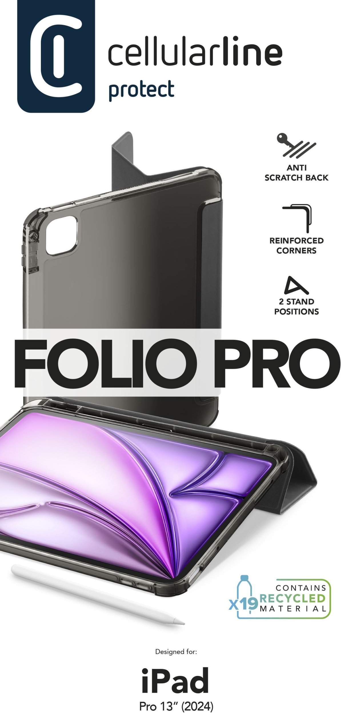 Заштитна маска за таблет Cellularline FOLIO PRO, за iPad Pro 13 M4, фолио, црна