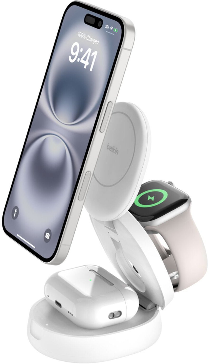 Stacion karikimi Belkin Foldable Magnetic 3 in 1, Qi2 dhe MagSafe, pa tela, i bardhë