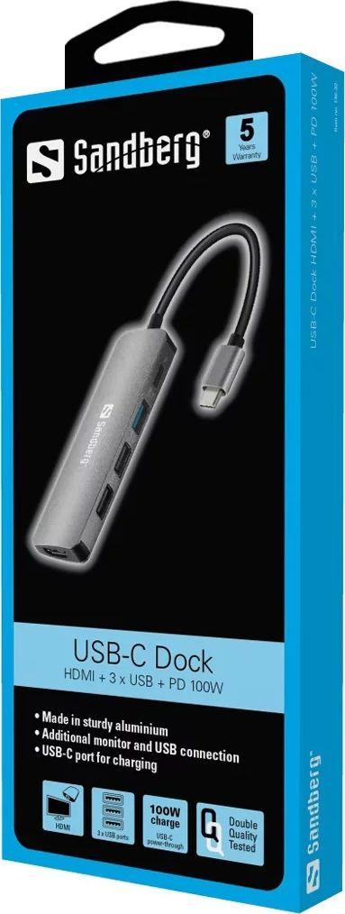 Replikator i portit / Stacion Sandberg Mini Dock USB-C, i hirtë