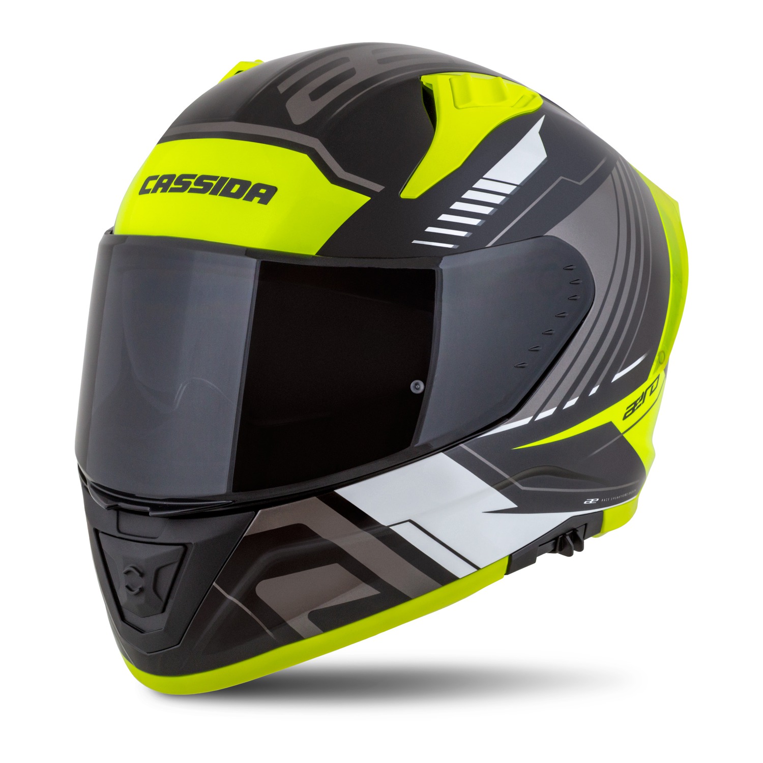 Helmetë moto CASSIDA Aero Drome, integrale, ECE 22.06, e zezë e verdhë fluo e bardhë gri