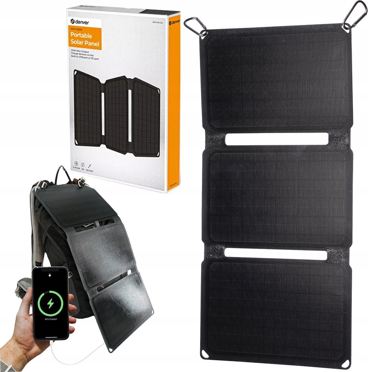 Panel diellor portativ Denver SOP-10200MK2, 20W, dalje USB dhe DC, i zi